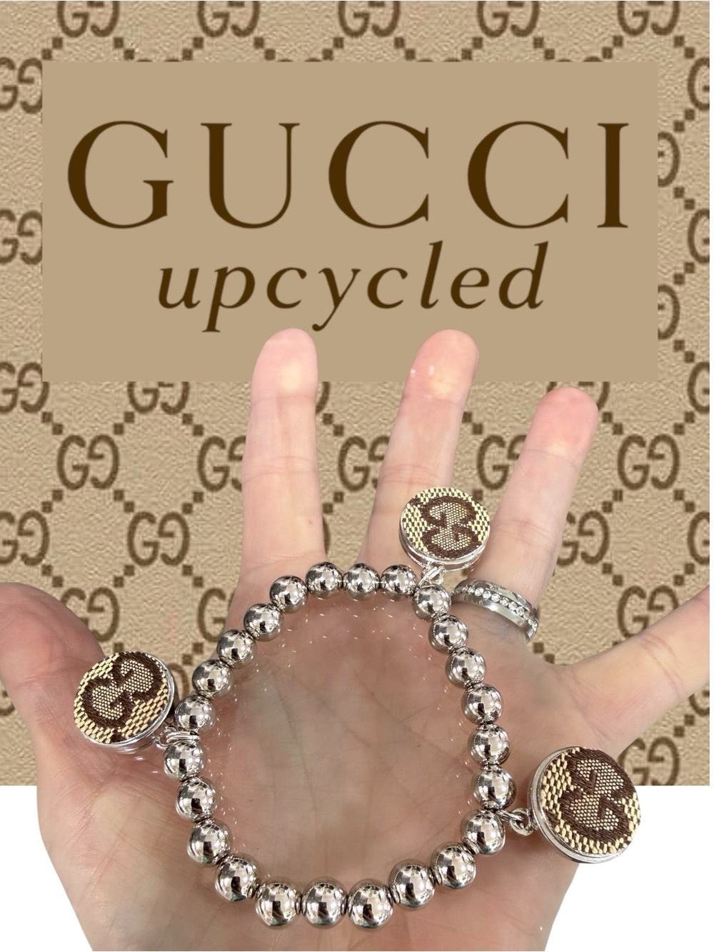 Gucci upcycled material charm bracelet silver tone